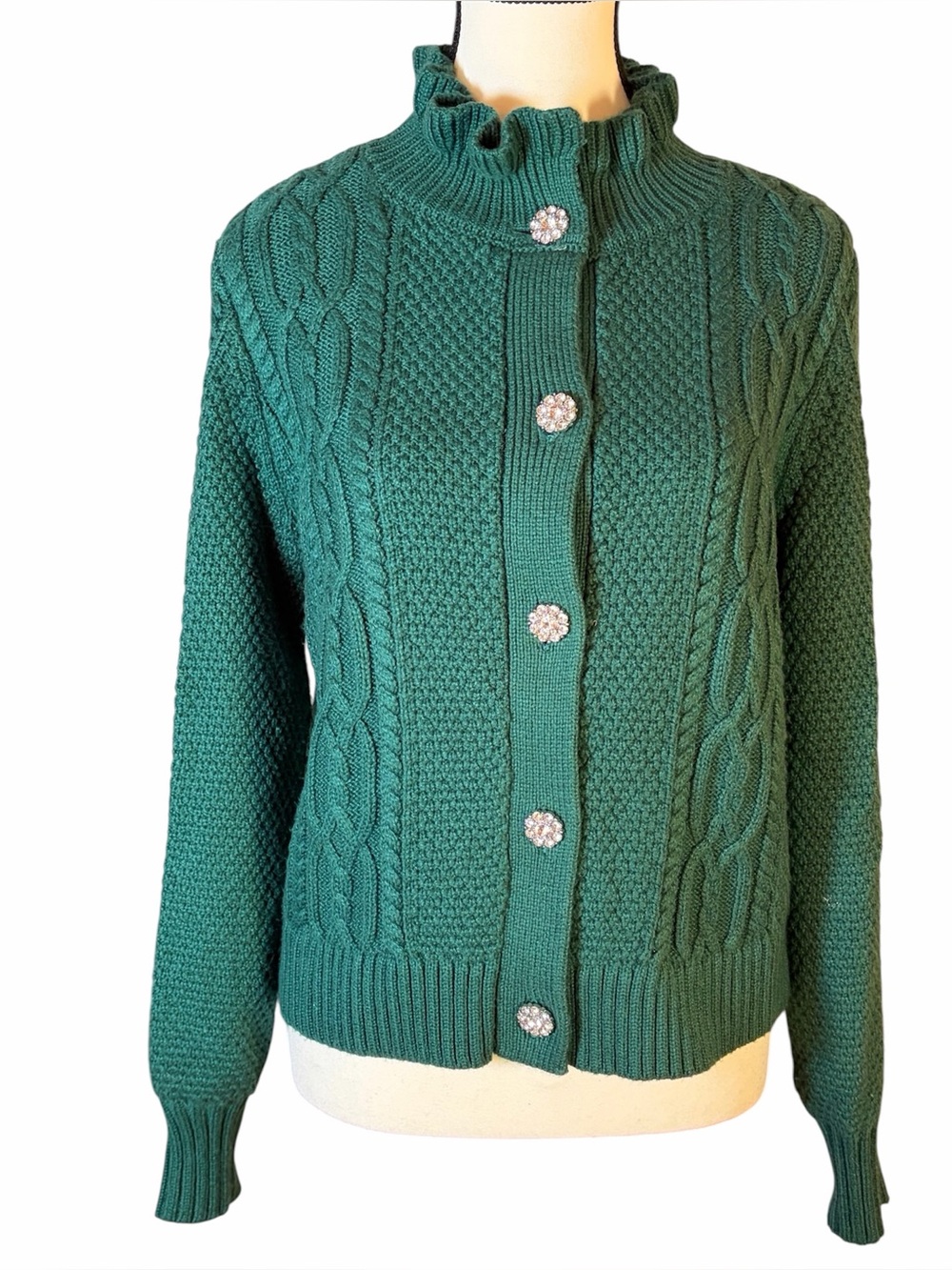 Talbots Green Cable Knit Cardigan Sweater Ruffle Neck Jewel Rhinestone Button M